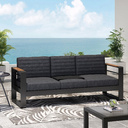 Elegant outdoor sofa with aluminum frame, water-resistant cushions, wood composite accents, slat design, comfortable seating for terrace, patio, or backyard, outdoor relaxation spot.

