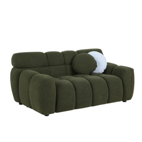 Elegant green bouclé 3-seater sofa with high-density foam cushions and two pillows for extra support. Perfect for adding style and comfort to any room.