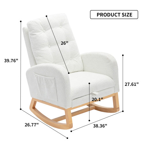 Elegant white rocking chair with footrest, high back support, and cushioned seat. Ideal for nurseries, bedrooms, or cozy reading nooks.