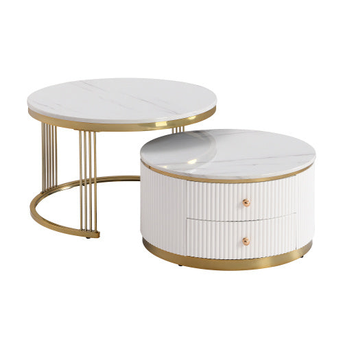 Modern 2-Piece White Round Nesting Coffee Table with Drawers