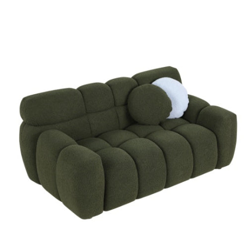 Elegant green bouclé 3-seater sofa with high-density foam cushions and two pillows for extra support. Perfect for adding style and comfort to any room.