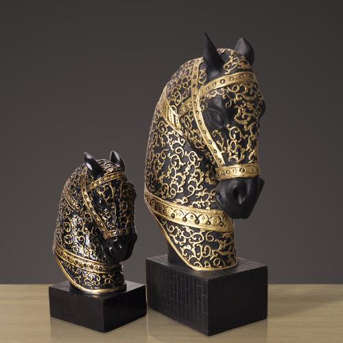 Handmade Black Gold Horse Head Bust Sculpture - European Style Home & Office Decoration - Home