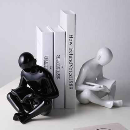 Ceramic Bookend | Stylized Figure of Man Reading White Black and Gold Design - Home