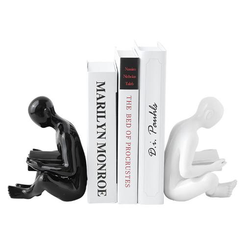 Ceramic Bookend | Stylized Figure of Man Reading White Black and Gold Design - Home