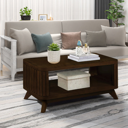 Espresso wood coffee table with storage shelf and curved edges, made of solid pine and MDF, easy assembly