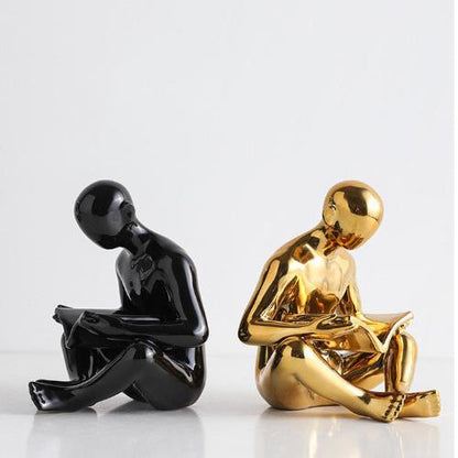 Ceramic Bookend | Stylized Figure of Man Reading White Black and Gold Design - Black Gold - Home