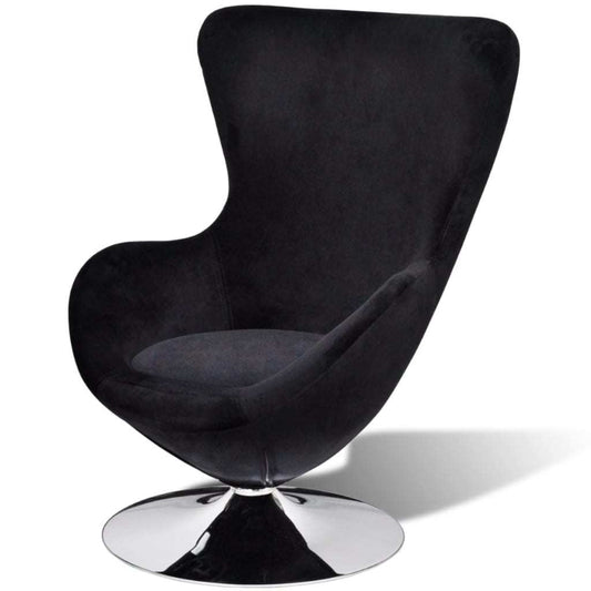 Modern black velvet swivel armchair with an egg-shaped design and sturdy metal base – perfect for lounges and reading corners.