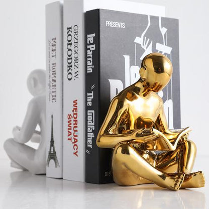 Ceramic Bookend | Stylized Figure of Man Reading White Black and Gold Design - Home