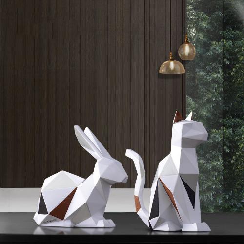 ’Geometric Animal Sculptures | Modern Resin Rabbit and Cat Figurines for Home Decor’ - decorazioni