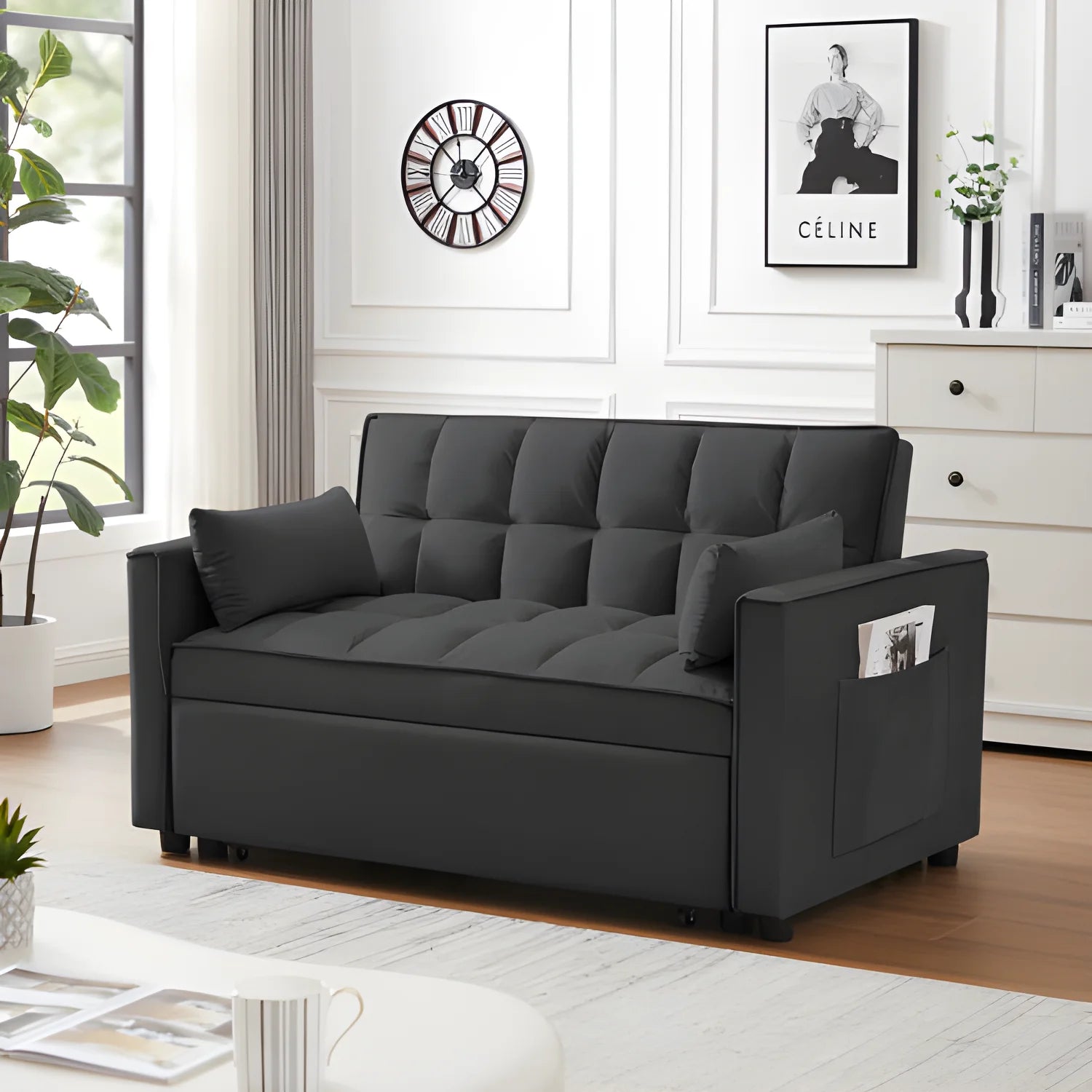 Modern black sofa bed with pullout mechanism, reclining backrest, and toss pillows. Convertible 3-in-1 sleeper sofa ideal for living rooms.