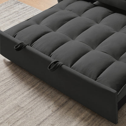 Modern black sofa bed with pullout mechanism, reclining backrest, and toss pillows. Convertible 3-in-1 sleeper sofa ideal for living rooms.