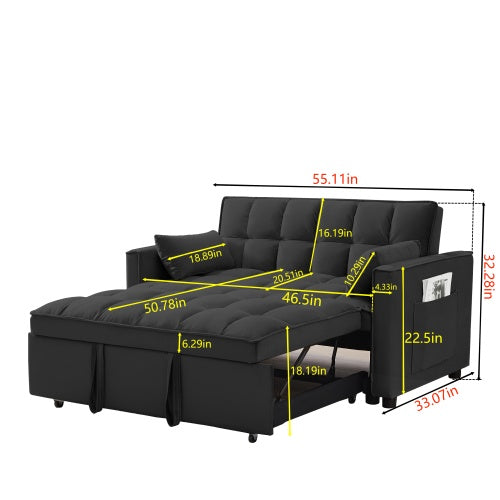 Modern black sofa bed with pullout mechanism, reclining backrest, and toss pillows. Convertible 3-in-1 sleeper sofa ideal for living rooms.