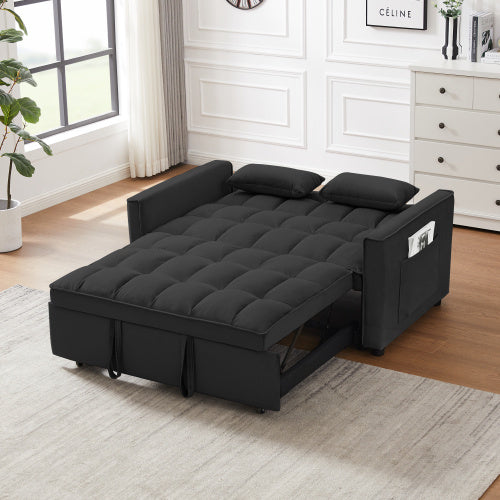 Modern black sofa bed with pullout mechanism, reclining backrest, and toss pillows. Convertible 3-in-1 sleeper sofa ideal for living rooms.