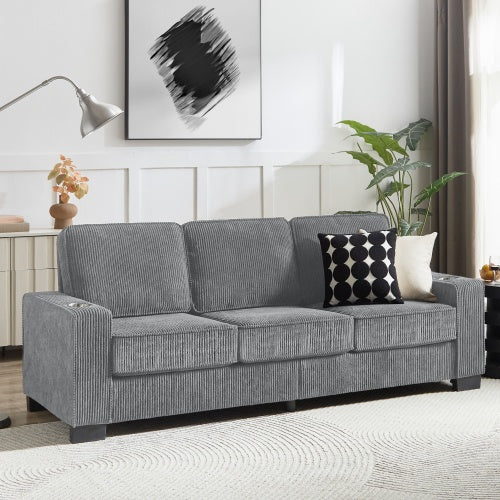 Modern 3-seater velvet corduroy sofa in grey, black, and pink, with armrests featuring cup holders, high-density sponge cushions, and a soft backrest for excellent comfort. Perfect for living room, bedroom, or office, with an elegant and minimalist design.