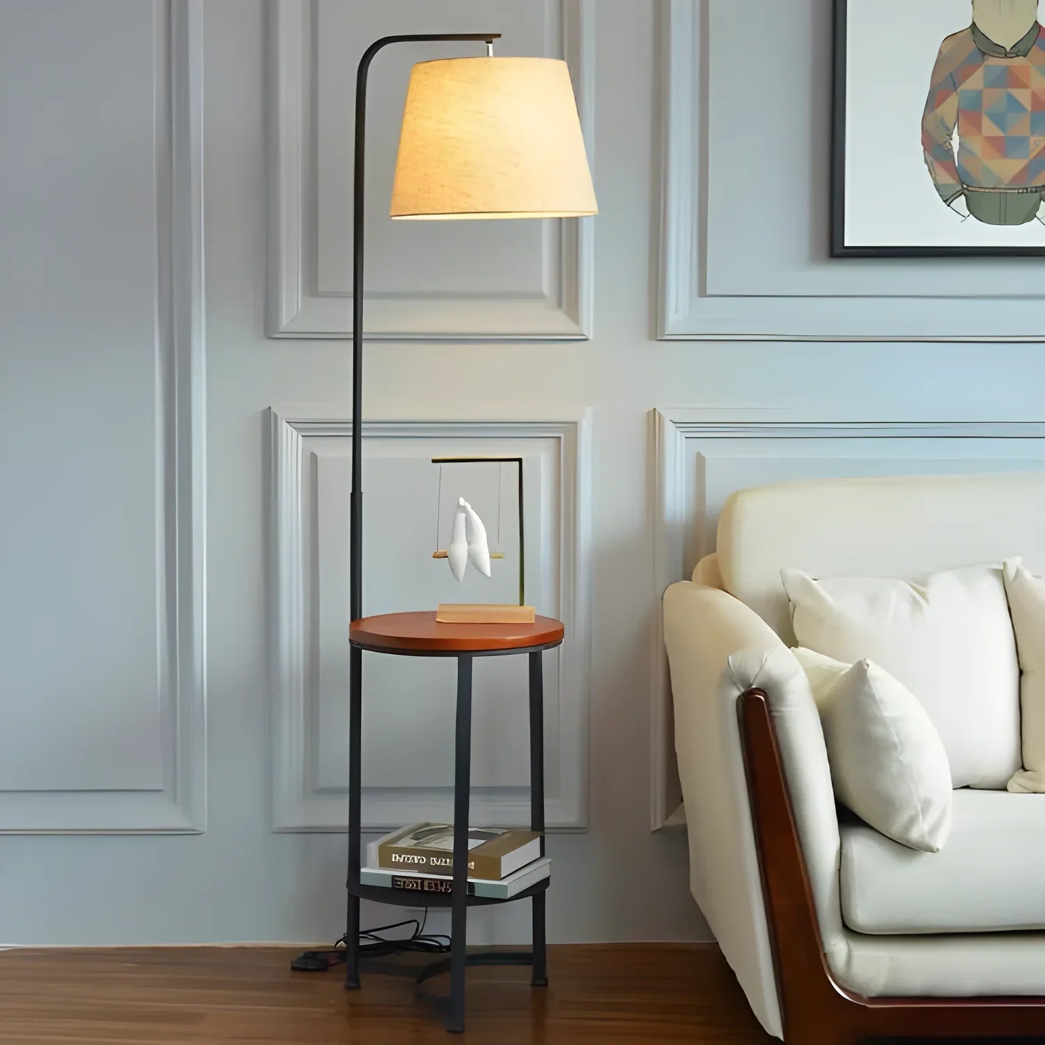 Floor lamp with built-in wooden side table and storage shelf