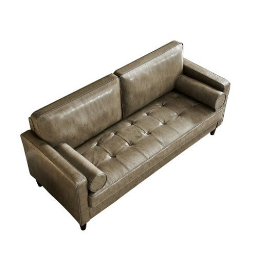 Modern Mid-Century Vegan Leather Sofa – 75" Khaki Couch