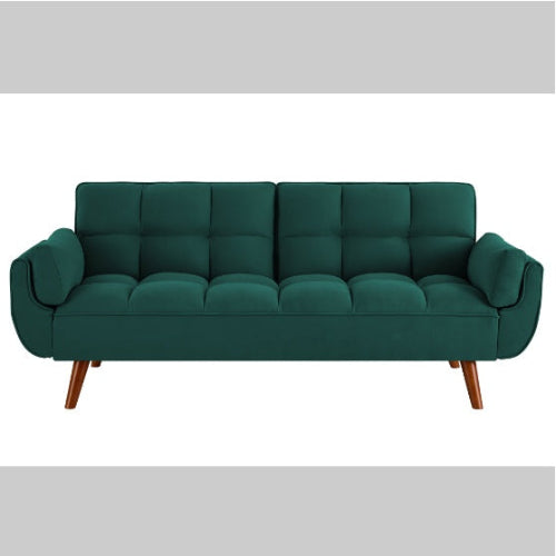 Elegant green velvet sofa with reclining backrest that easily converts into a bed. Ideal for living rooms or guest rooms, combining luxury and functionality.