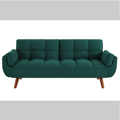 Elegant green velvet sofa with reclining backrest that easily converts into a bed. Ideal for living rooms or guest rooms, combining luxury and functionality.