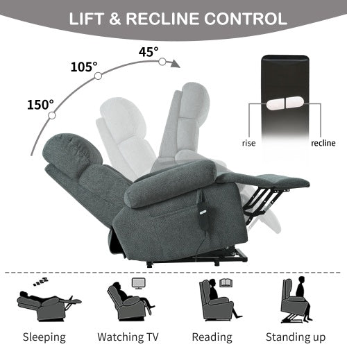 Dark gray oversized power lift recliner chair with electric reclining function, side pocket, and plush cushioning. Ideal for seniors and home theater seating.