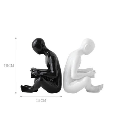 Ceramic Bookend | Stylized Figure of Man Reading White Black and Gold Design - Black White - Home