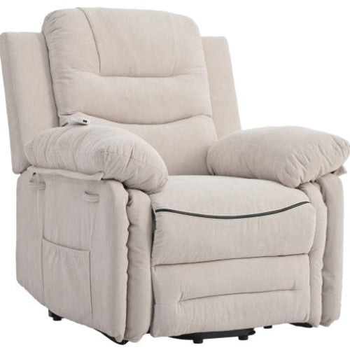 Beige power lift massage recliner chair with heating, infinite reclining positions, and side storage pocket for seniors and living room comfort.