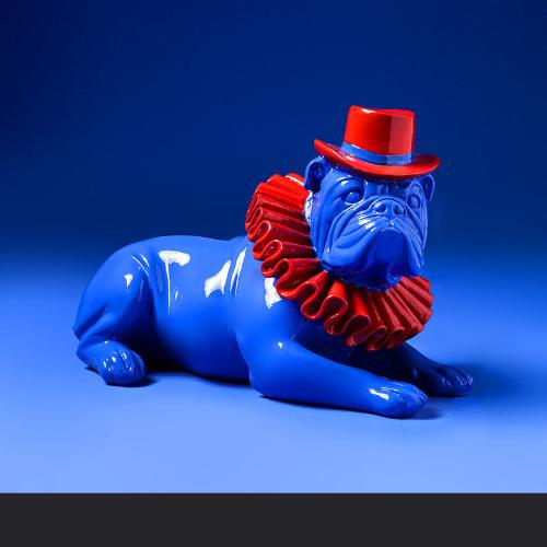 Colorful English Bulldog Resin Sculpture – Creative Graffiti Style Dog Statue - Blue sit - Home