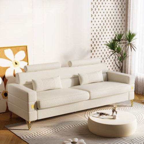 Main image of the sofa: "FX-P15-WB white imitation wool sofa with adjustable headrests and gold legs"