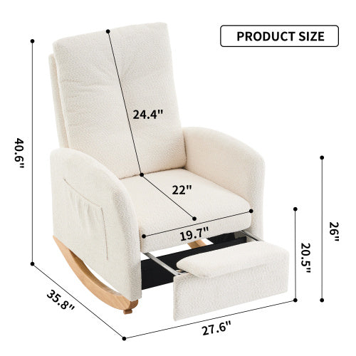 Upholstered rocking chair with footrest, high backrest, and solid wood base, ideal for living room and bedroom