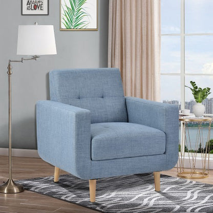 Oris Fur modern upholstered fabric accent arm lounge chair in blue with solid wood legs and thick cushions, perfect for living rooms or small spaces.