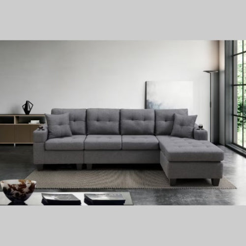 Modern sectional sofa in grey with high-density foam cushions, S-shaped spring backrests, bilateral cup holders, and plastic feet to prevent floor scratches. Stylish, practical, and comfortable design for contemporary living rooms.