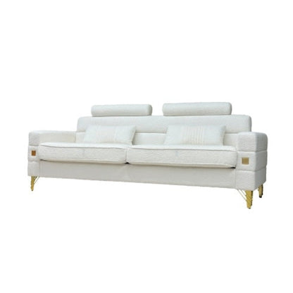 FX-P15-WB White Imitation Wool Sofa with Adjustable Headrests & Gold Legs – 3-Seat Couch for Living Room & Office