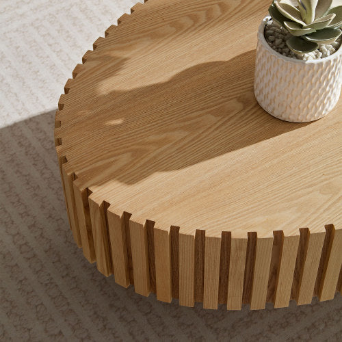 Modern Handmade Drum Coffee Table with a natural ash grain finish and elegant pedestal base.