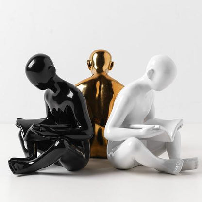 Ceramic Bookend | Stylized Figure of Man Reading White Black and Gold Design - Home