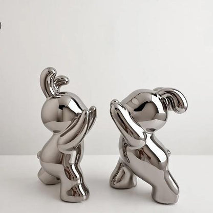 Push Rabbit Ceramic Bookend | Modern Animal Sculptures in Black White and Silver - Silver Electroplated - Home