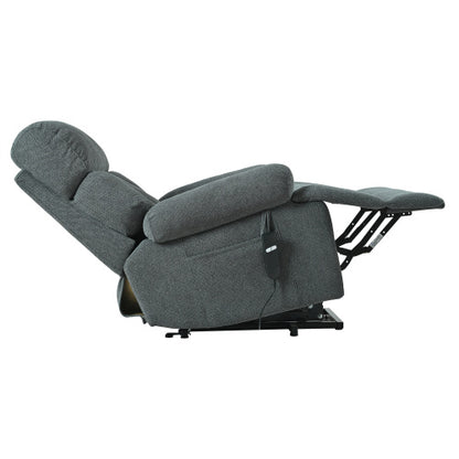 Dark gray oversized power lift recliner chair with electric reclining function, side pocket, and plush cushioning. Ideal for seniors and home theater seating.