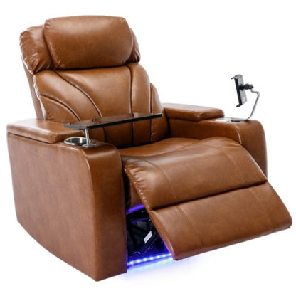 Luxury power motion recliner with USB charging, hidden storage, Bluetooth speaker, LED lighting, and cup holder in light brown PU leather