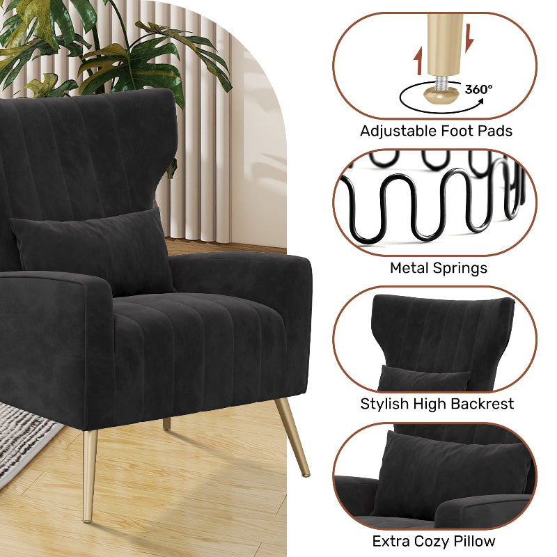 Black Velvet Upholstered Accent Chair with Sturdy Metal Legs