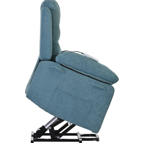 Blue power lift massage recliner chair with heating, infinite reclining positions, and side storage pocket for seniors and living room comfort.