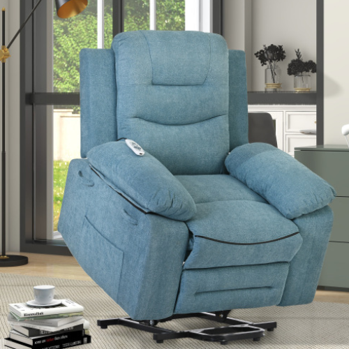 Blue power lift massage recliner chair with heating, infinite reclining positions, and side storage pocket for seniors and living room comfort.