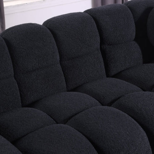 Black 3-seater boucle sofa, marshmallow cushions, premium foam seating, clean lines, luxury upholstery, comfortable seating, durable fabric sofa, modern living room sofa.