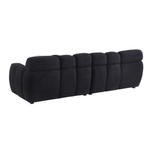 Black 3-seater boucle sofa, marshmallow cushions, premium foam seating, clean lines, luxury upholstery, comfortable seating, durable fabric sofa, modern living room sofa.