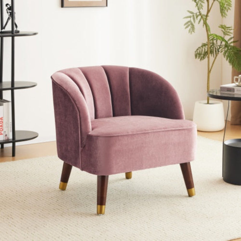 "Upholstered barrel accent chair with tufted backrest and boucle fabric