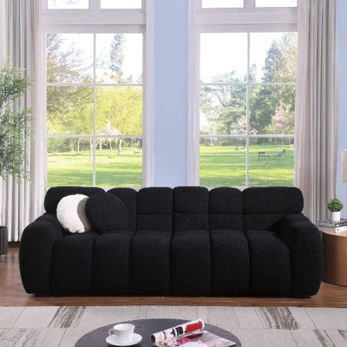 Black 3-seater boucle sofa, marshmallow cushions, premium foam seating, clean lines, luxury upholstery, comfortable seating, durable fabric sofa, modern living room sofa.