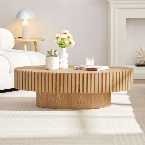 Modern Handmade Drum Coffee Table with a natural ash grain finish and elegant pedestal base.