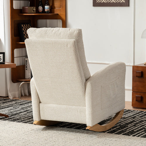 Upholstered rocking chair with footrest, high backrest, and solid wood base, ideal for living room and bedroom