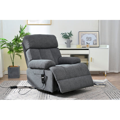 Dark gray oversized power lift recliner chair with electric reclining function, side pocket, and plush cushioning. Ideal for seniors and home theater seating.