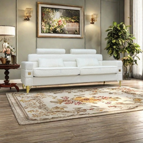 Main image of the sofa: "FX-P15-WB white imitation wool sofa with adjustable headrests and gold legs"