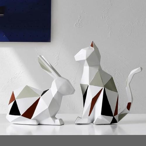 ’Geometric Animal Sculptures | Modern Resin Rabbit and Cat Figurines for Home Decor’ - decorazioni