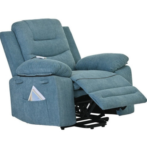 Blue power lift massage recliner chair with heating, infinite reclining positions, and side storage pocket for seniors and living room comfort.