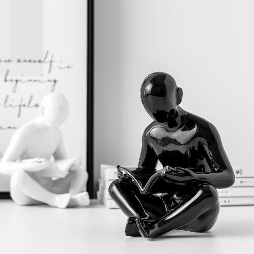 Ceramic Bookend | Stylized Figure of Man Reading White Black and Gold Design - Home